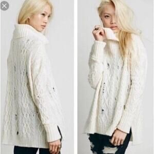 Free People Complex Cable Cowl Neck Sweater Ivory Cream sz M